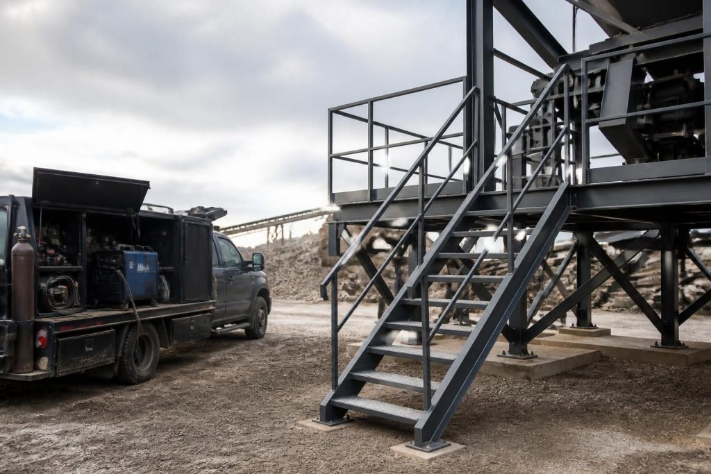 Mobile welding truck beside finished steel fabrication at an industrial site