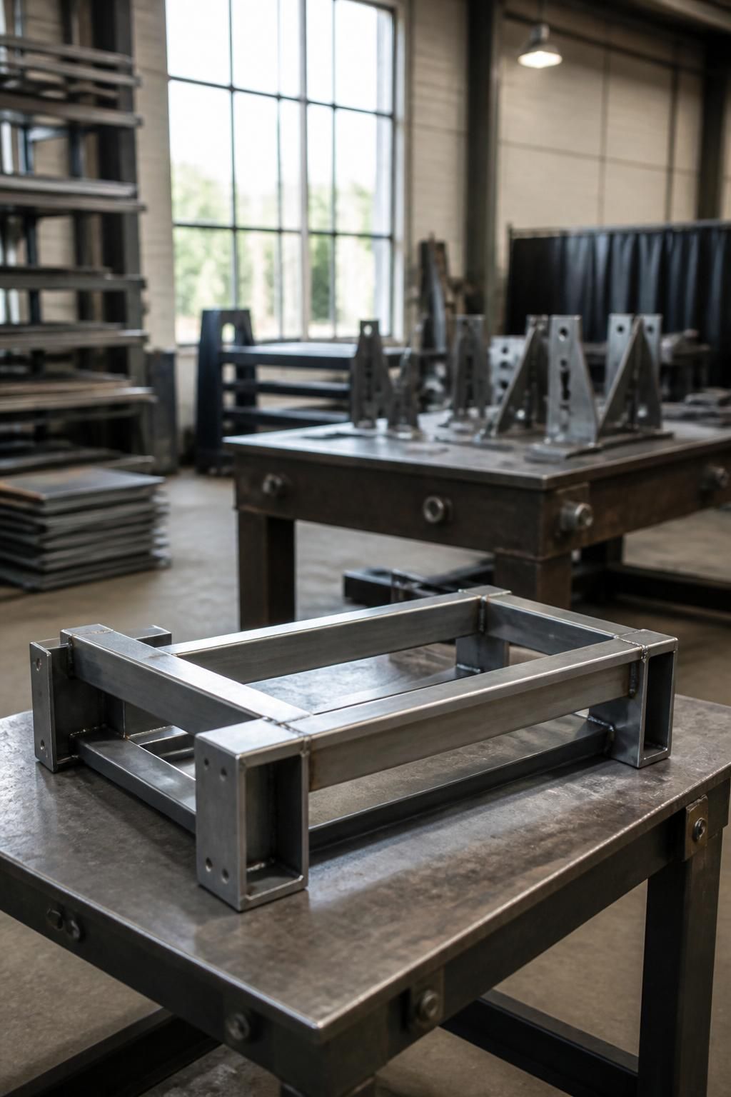 Modern welding workshop with finished metal fabrication and organized workspace